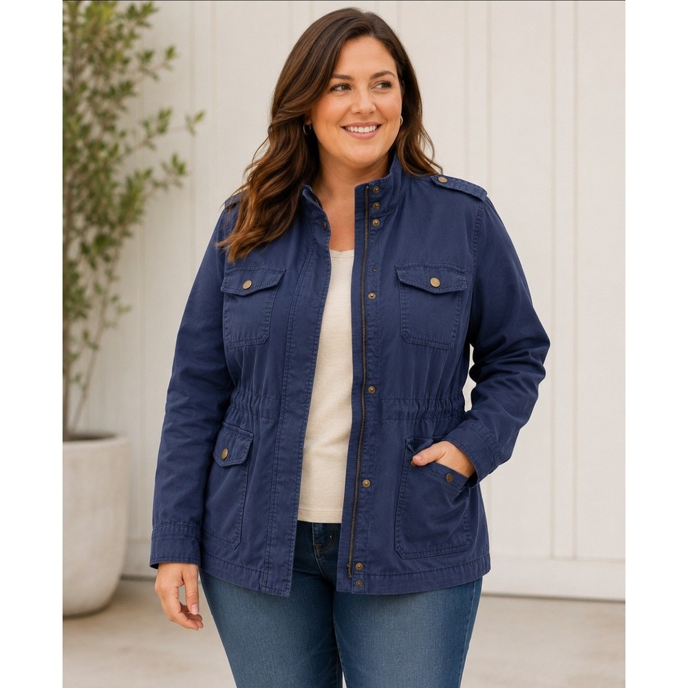 St. John's Bay Womens Utility Anorak Field Jacket XL Navy Blue Chore Coat Cotton